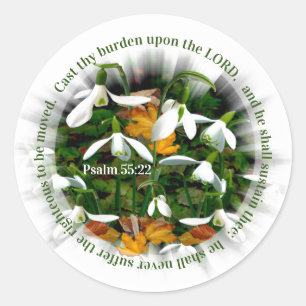 Pretty Snowdrops with Psalm 55:22 Classic Round Sticker