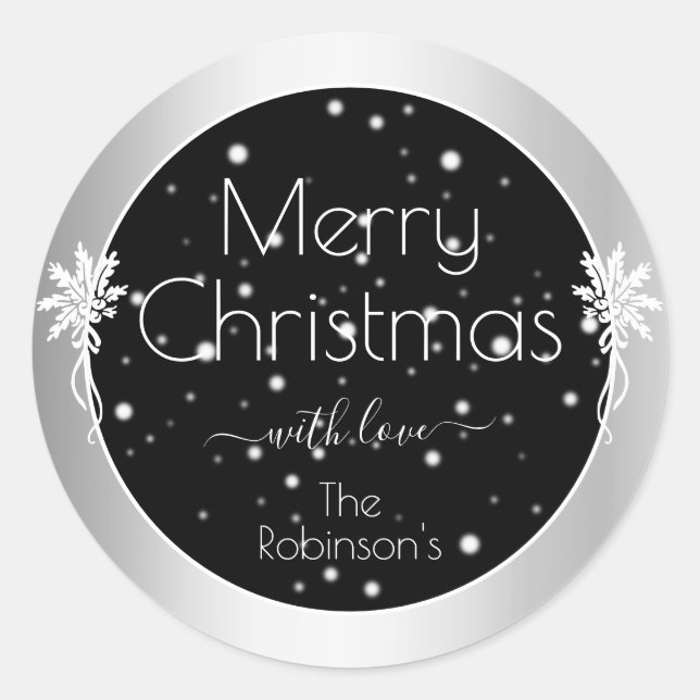 Pretty Snowflakes on Black Silver Frame Christmas Classic Round Sticker (Front)