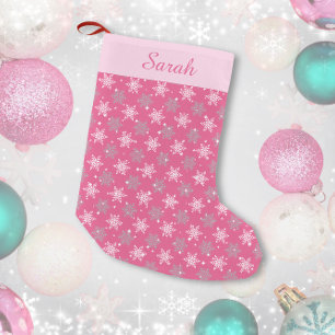 Pretty snowflakes & sparkles hot pink personalised small christmas stocking