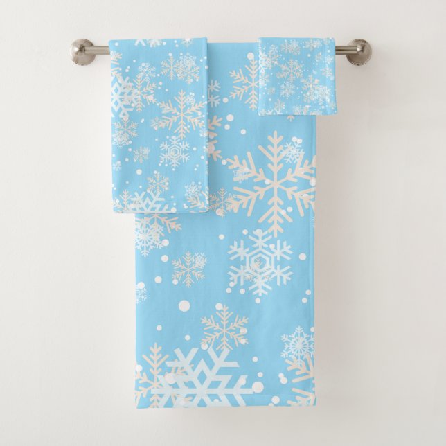 Pretty SnowyFlakes Against Soft Blue Background Bath Towel Set (Insitu)