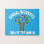 Pretty Social Work Quote Rainbow Tree Blue Jigsaw Puzzle<br><div class="desc">Social Workers Change the World inspirational puzzle. A cute motivational social work quote written around a beautiful tree of rainbow leaves.</div>