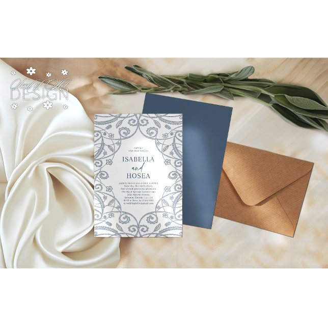 Pretty Soft Dusty Blue Silver Floral Lace Wedding Invitation (Creator Uploaded)