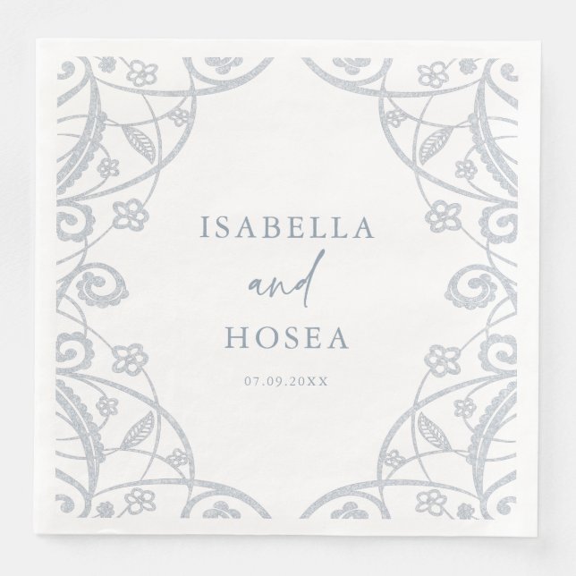 Pretty Soft Dusty Blue Silver Floral Lace Wedding Napkin (Front)