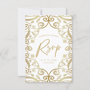 Pretty Soft Gold Glitter Floral Lace Wedding RSVP Card