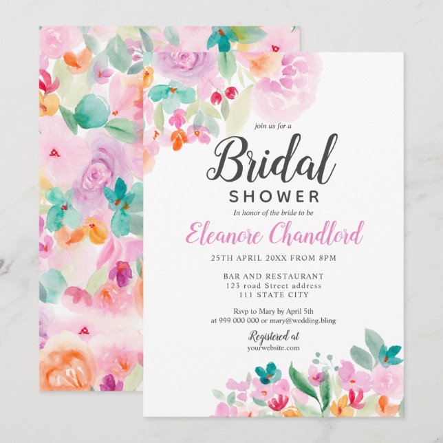 Pretty soft pastel floral watercolor bridal shower invitation (Front/Back)
