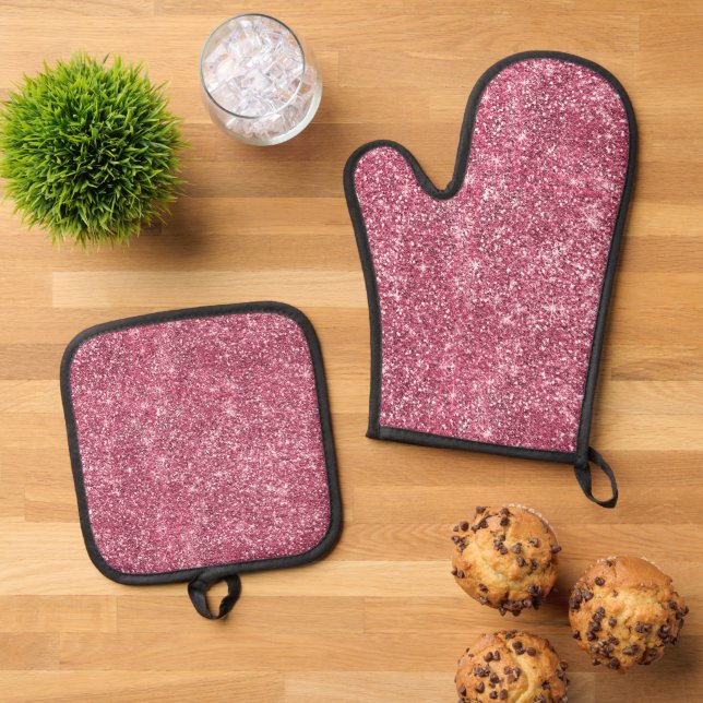 Pretty Sparkle Pink Faux Glitter Oven Mitt & Pot Holder Set (Top Down)