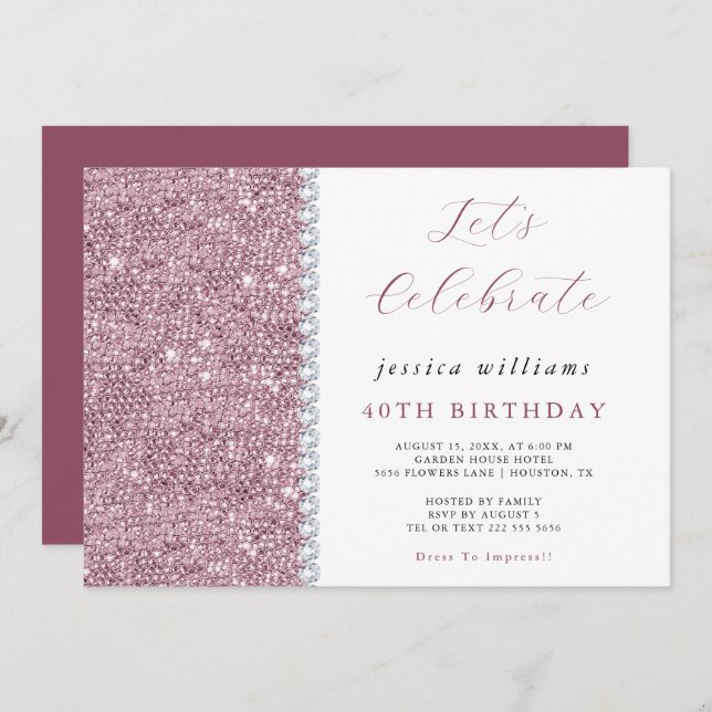 Pretty Sparkle Sequins & Diamonds Mauve Birthday  Invitation (Front/Back)
