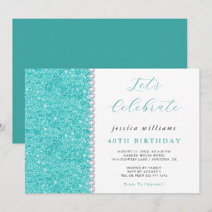 Pretty Sparkle Sequins & Diamonds Teal Birthday  Invitation