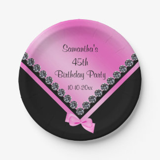 Pretty Sparkly Diamonds & Pink Bow 45th Birthday Paper Plate