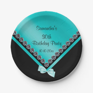 Pretty Sparkly Diamonds & Teal Bow 30th Birthday Paper Plate