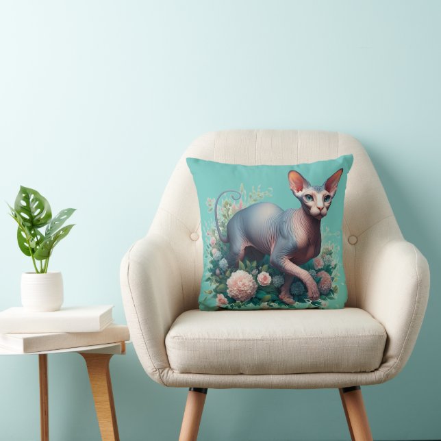 Pretty Sphynx Cat & Flowers Cushion (Chair)