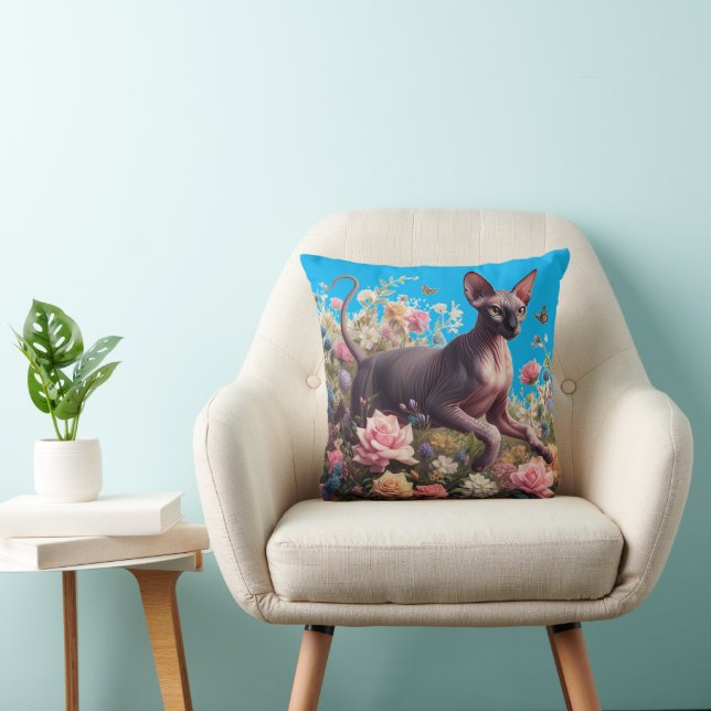 Pretty Sphynx Cat & Flowers Cushion (Chair)