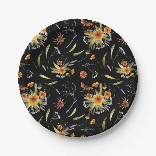 Pretty Spooky: Halloween Flowers, Spiders and Moth Paper Plate (Front)