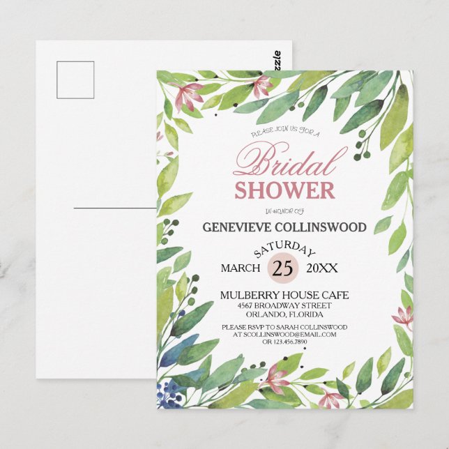 Pretty Spring Botanical Blush Pink Bridal Shower Postcard (Front/Back)