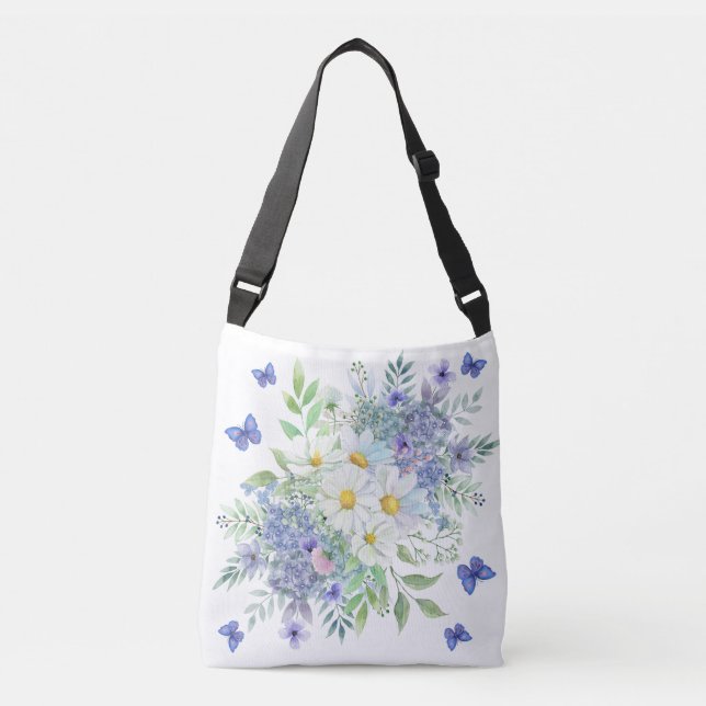 Pretty Spring Daisies, Blue Flowers & Butterflies Crossbody Bag (Front)