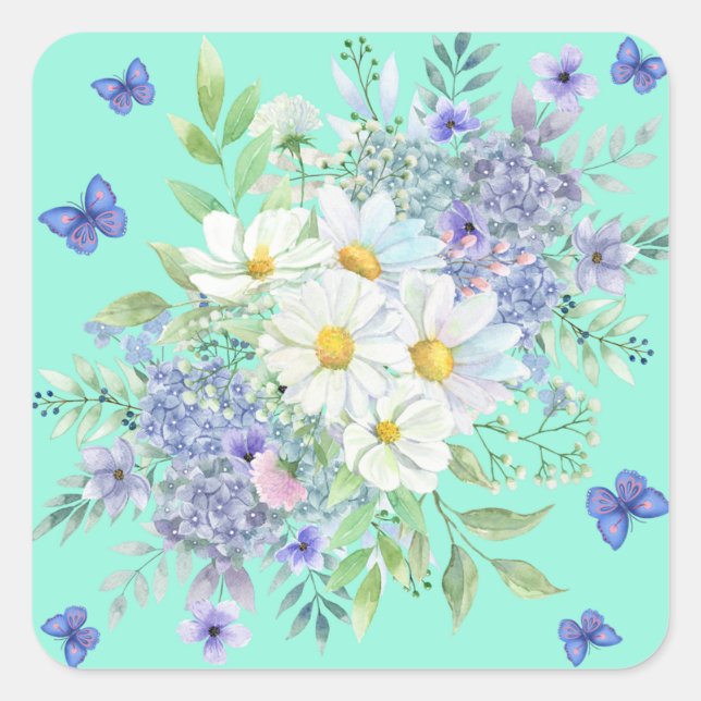 Pretty Spring Daisies, Blue Flowers & Butterflies Square Sticker (Front)