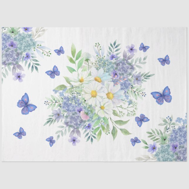 Pretty Spring Daisies, Blue Flowers & Butterflies Tissue Paper (Front)