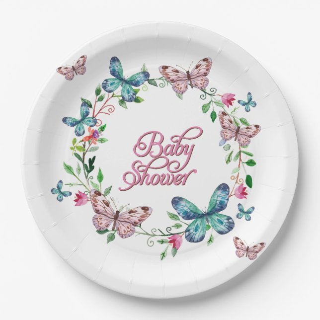 PRETTY SPRING FLORAL BUTTERFLY WREATH BABY SHOWER PAPER PLATE (Front)