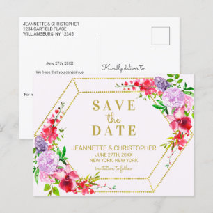 Pretty Spring Floral Gold Geometric Save the Date Announcement Postcard