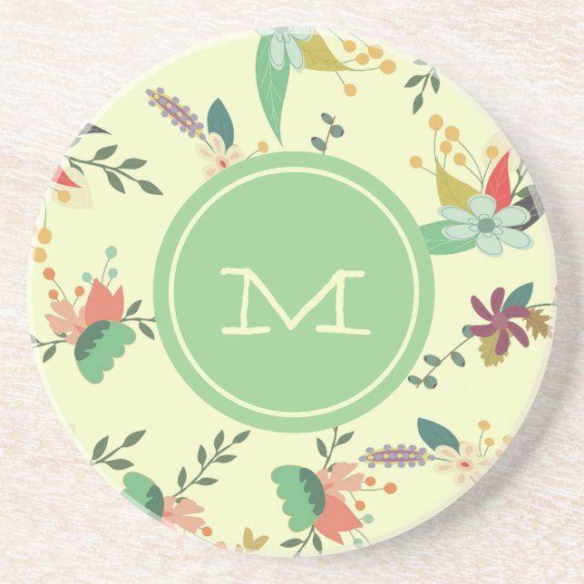 Pretty Spring Floral Mint Monogram Coaster (Front)