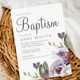 Pretty Spring Floral Purple Flowers Baptism Invitation