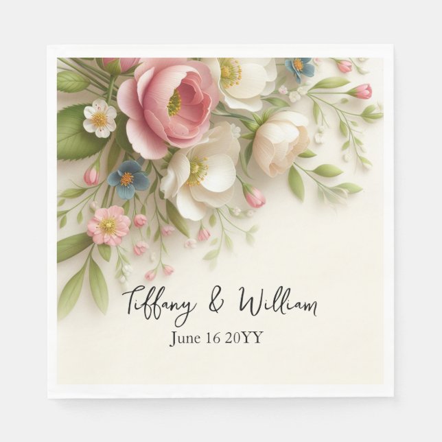 Pretty Spring Flower Personalised Wedding Napkin (Front)