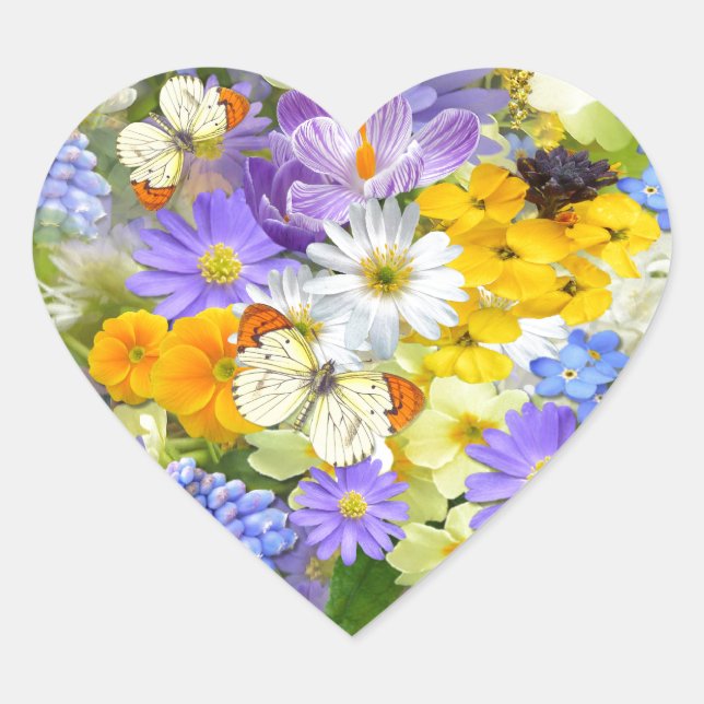 Pretty Spring Flowers and Butterflies Heart Sticker (Front)