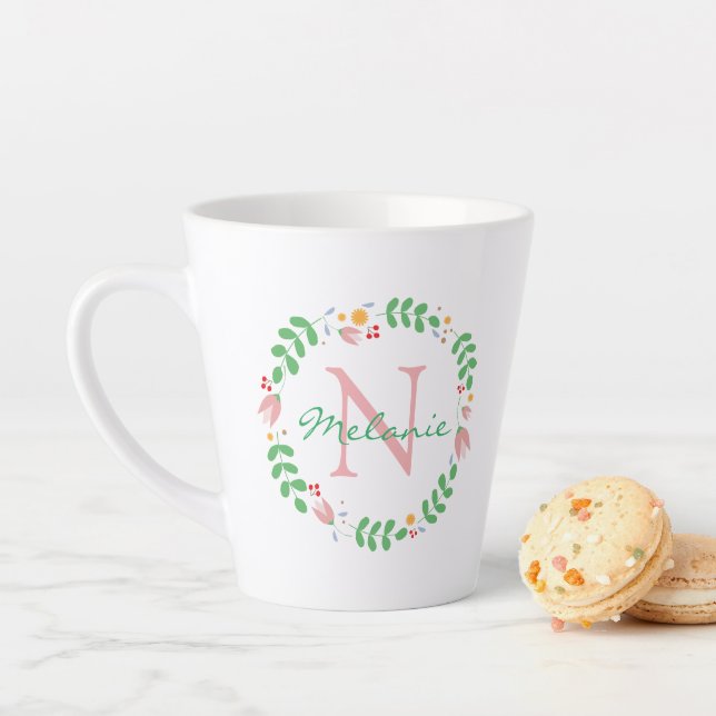 Pretty Spring Flowers Wreath Monogrammed Latte Mug (In Situ)