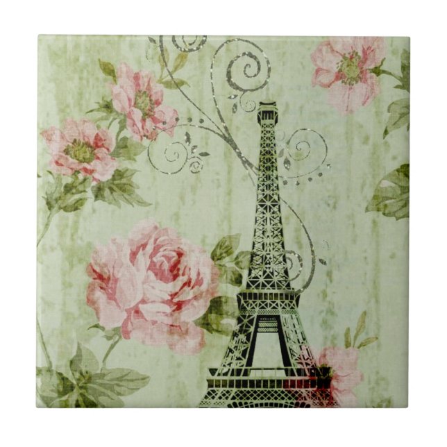 pretty spring mint pink floral paris eiffel tower ceramic tile (Front)