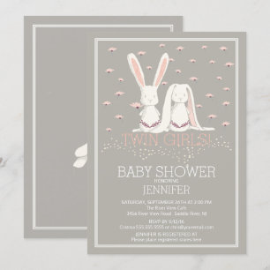 Pretty Spring Pink TWIN Girls Bunny Baby Shower Invitation