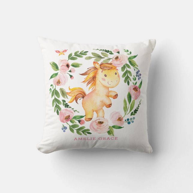 Pretty Spring Pony Blush Floral Greenery Baby Girl Cushion (Front)
