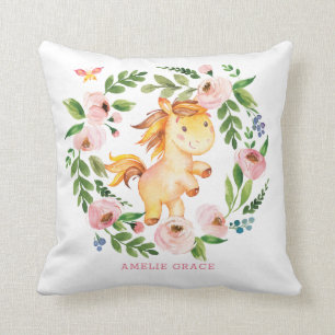 Pretty Spring Pony Blush Floral Greenery Baby Girl Cushion