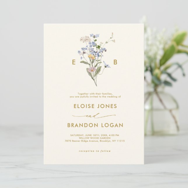 Pretty Spring Wildflower Meadow Gold Wedding   Invitation (Standing Front)