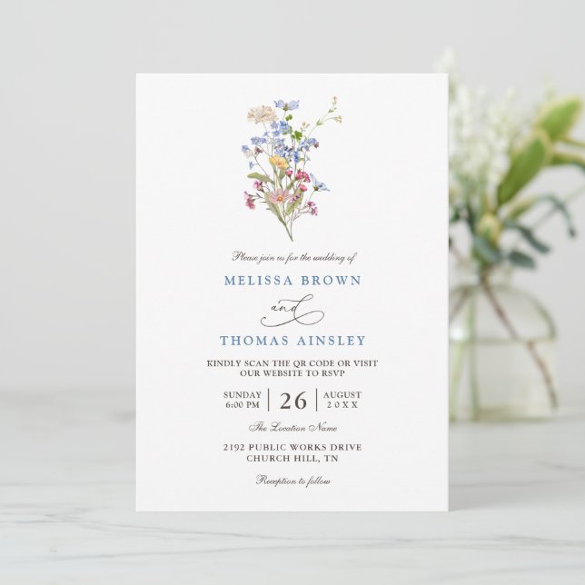 Pretty Spring Wildflower Meadow QR Code Wedding Invitation (Standing Front)