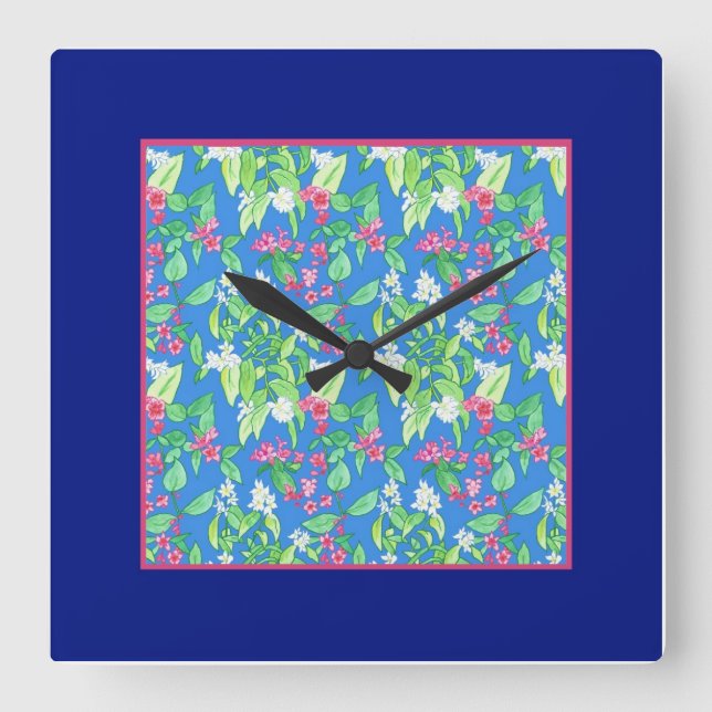 Pretty Square Wall Clock, Spring Blossoms, Blue Clock (Front)