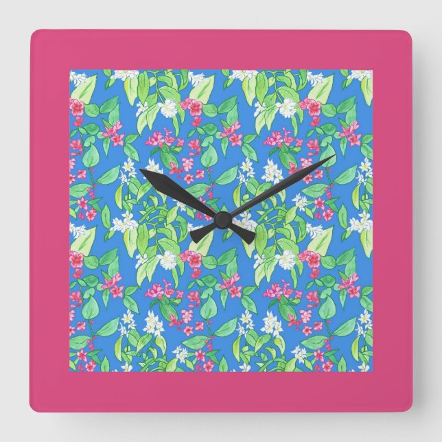 Pretty Square Wall Clock, Spring Blossoms, Pink Clock (Front)