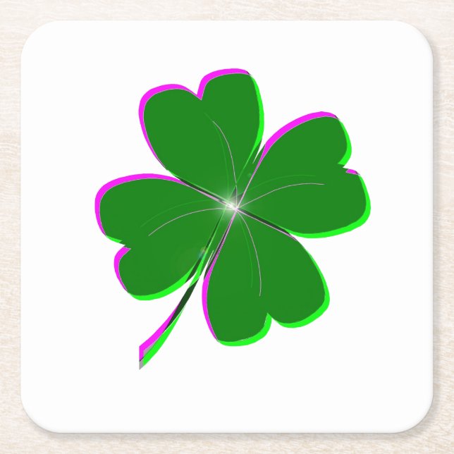 Pretty St. Patricks Day 4-Leaf Clover Design Square Paper Coaster (Front)