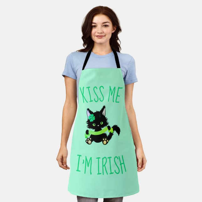 Pretty St. Patrick's Kiss Me I'm Irish Cat  Apron (Worn)