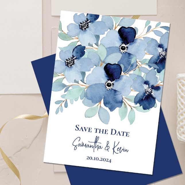 Pretty Stale Blue Floral Wedding Save The Date (Pretty Stale Blue Floral Wedding Save The Date Invitation)
