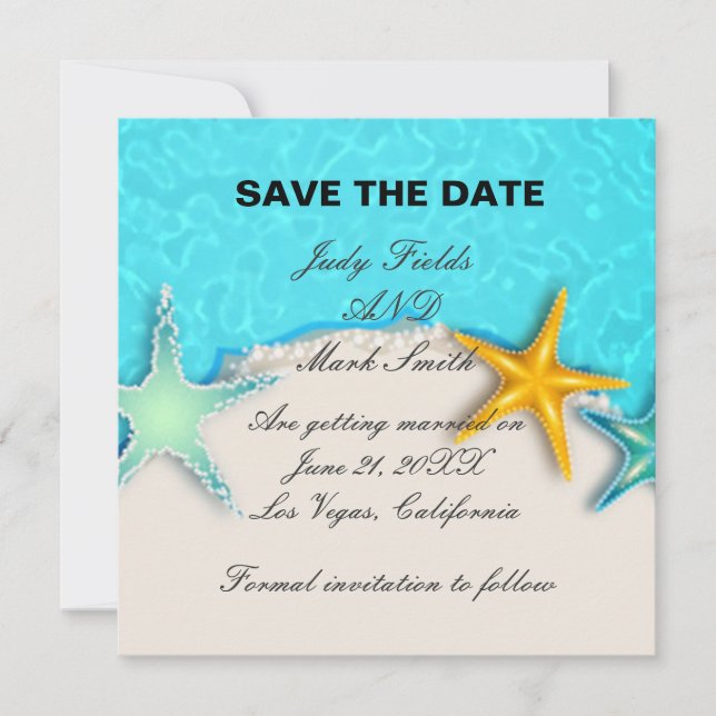 Pretty Starfish Summer Beach Save The Date Card (Front)