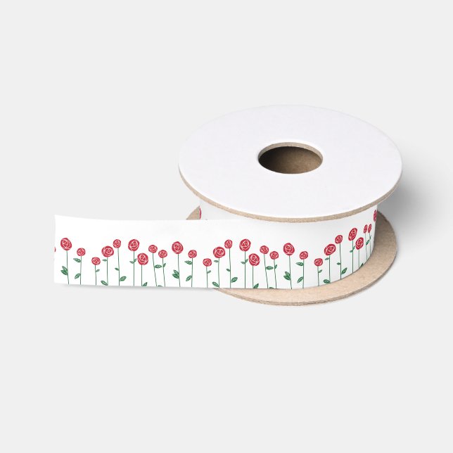 Pretty Stem Red Roses Satin Ribbon (Spool)