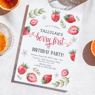 Pretty Strawberry 'Berry First'   1st Birthday Invitation