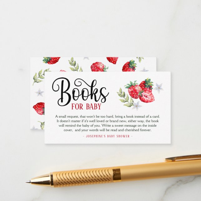 Pretty Strawberry Book Request Baby Shower  Enclos Enclosure Card (Front/Back In Situ)