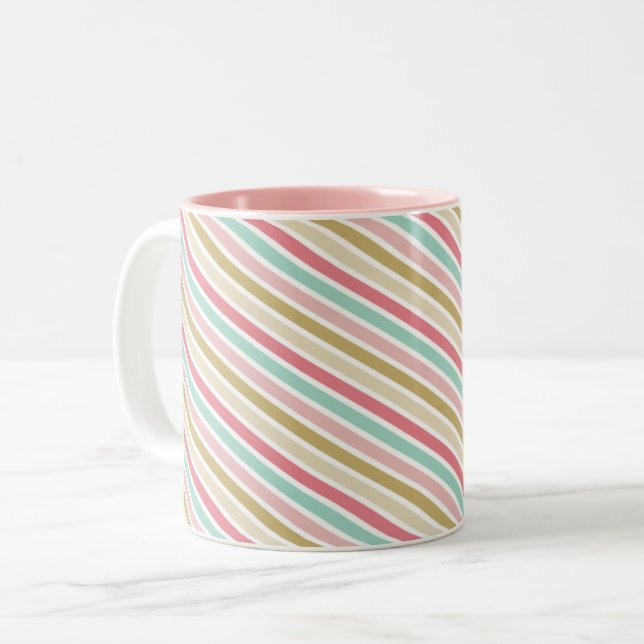 PRETTY STRIPES festive modern pink mint gold Two-Tone Coffee Mug (Front Left)