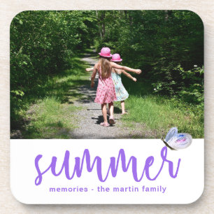 Pretty summer butterfly with add photo and name coaster