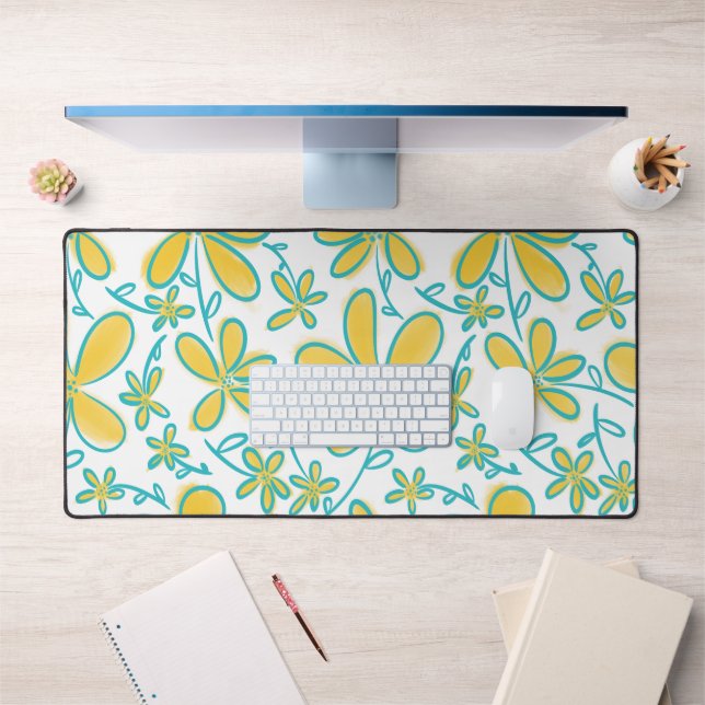 Pretty summer Yellow and Turquoise flower pattern Desk Mat (Office 1)