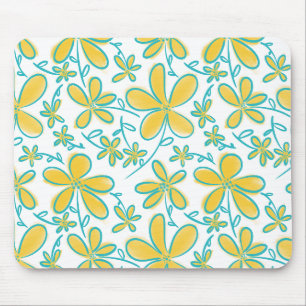 Pretty summer Yellow and Turquoise flower pattern Mouse Pad