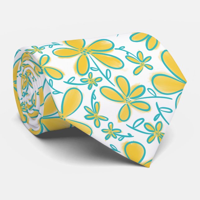 Pretty summer Yellow and Turquoise flower pattern Tie (Rolled)