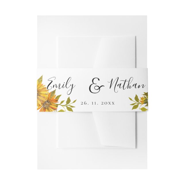 Pretty Sunflower Elegant Script Floral Wedding Invitation Belly Band (Front Example)
