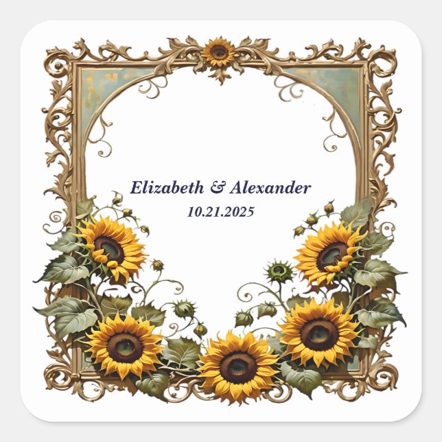 Pretty sunflower elegant wedding  square sticker (Front)